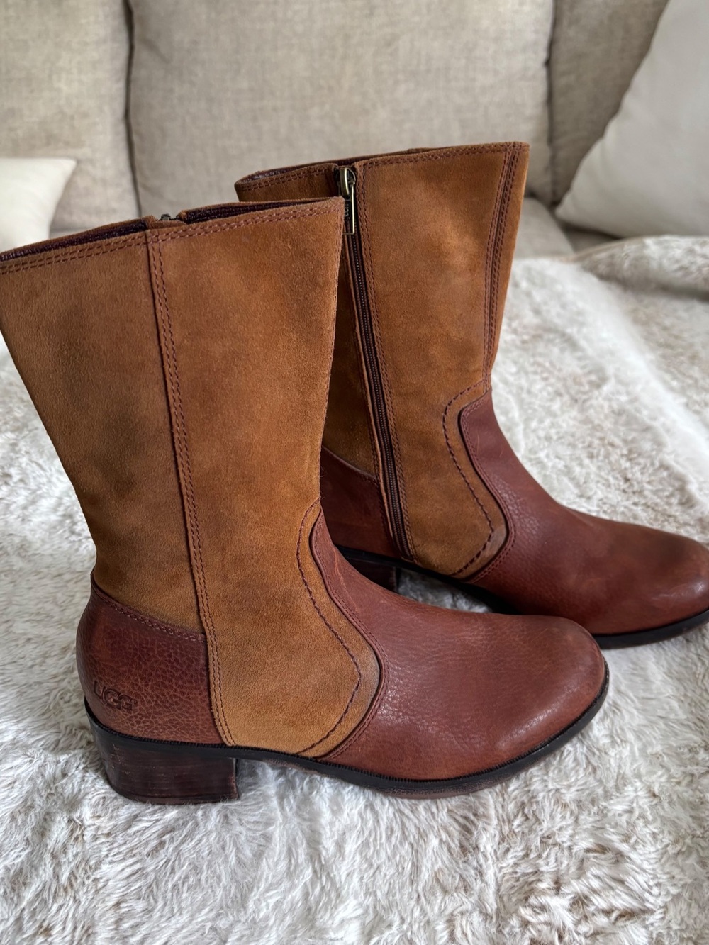UGG Australia Womens Mid Calf Leather Suede Zip Boots Brown Tan Size 7.5 1004167